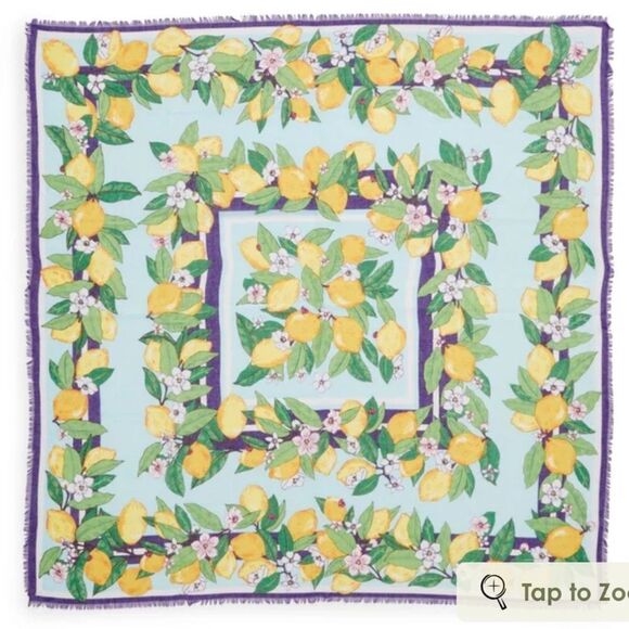 Vera Bradley Lemon Grove Blue Yellow Green Purple White Blossoms Fringe Scarf - Picture 2 of 12